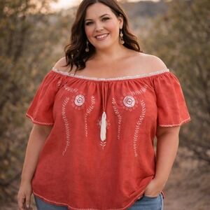DG2 Diane Gilman Embroidered Peasant Blouse Coral Linen Boho Off Shoulder 3X